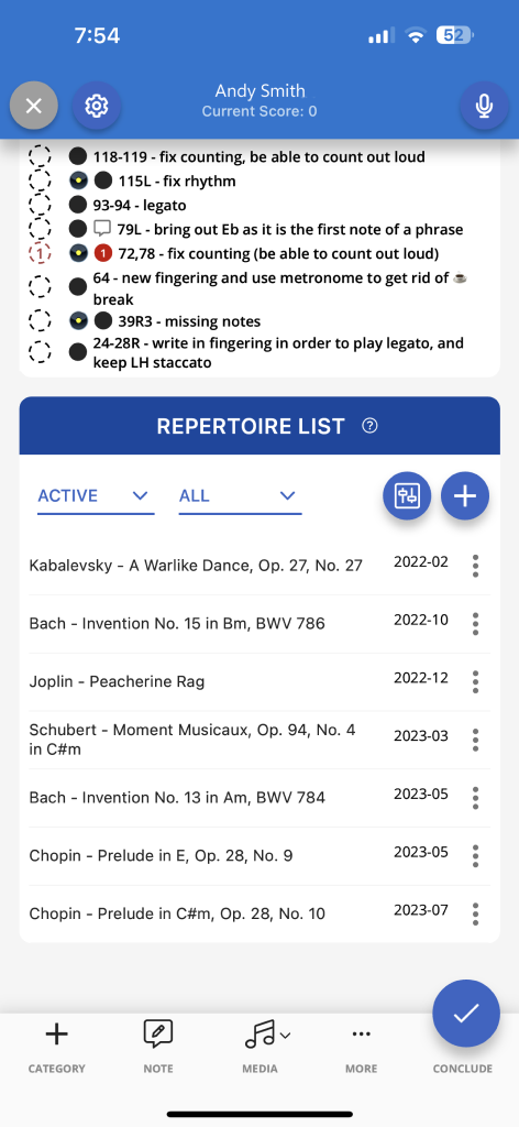 Repertoire List - MetaPractice Teacher